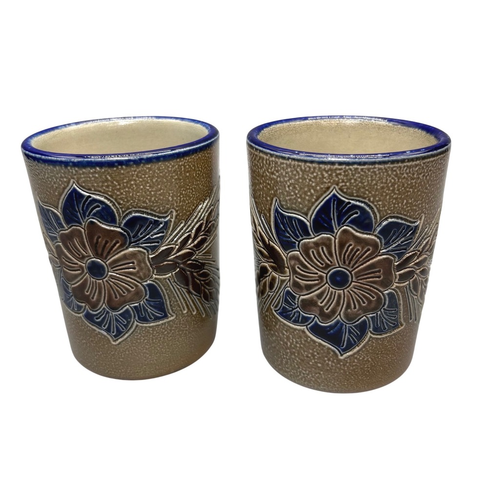 Merkelbach Reinhold‎ Set 2 Stoneware Tumblers Juice Glass Floral German Folk Art